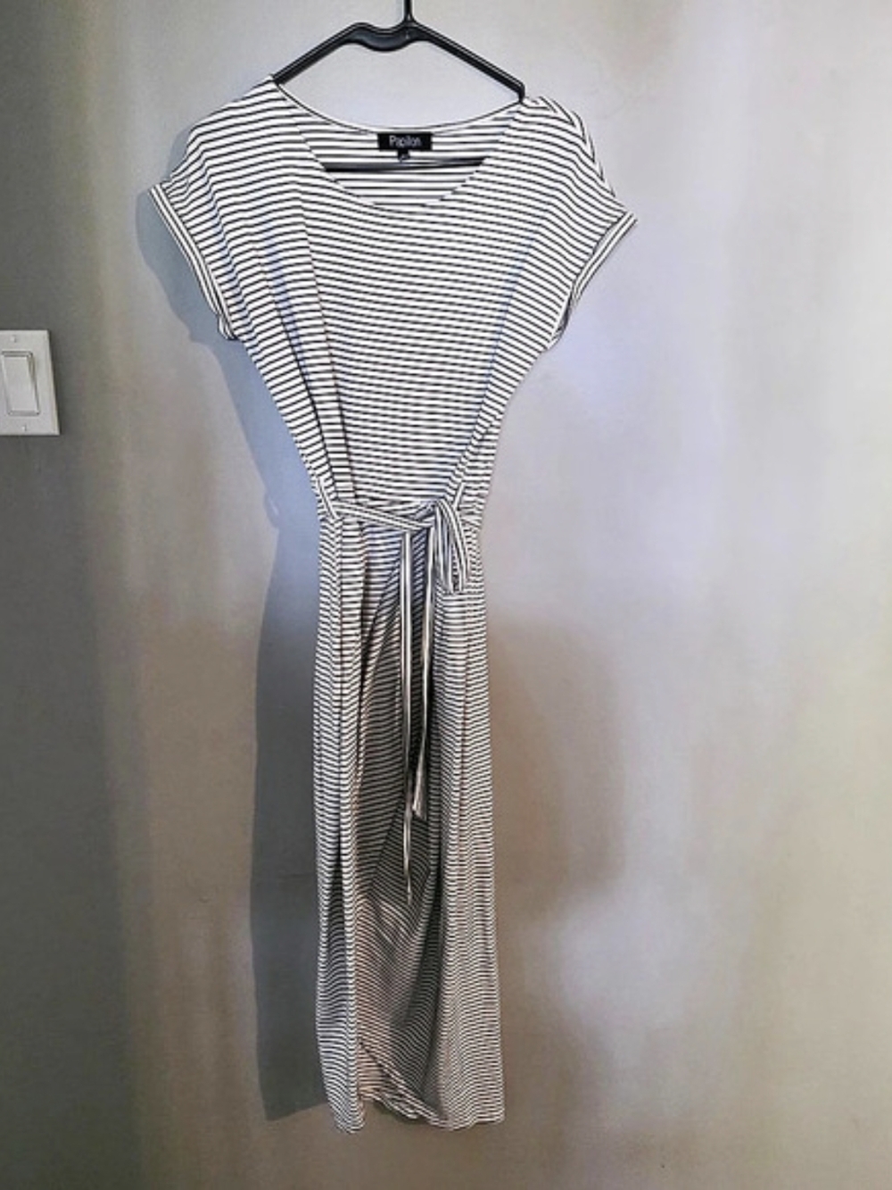 Papillon Striped Tie-Waist Midi Dress in White & Black